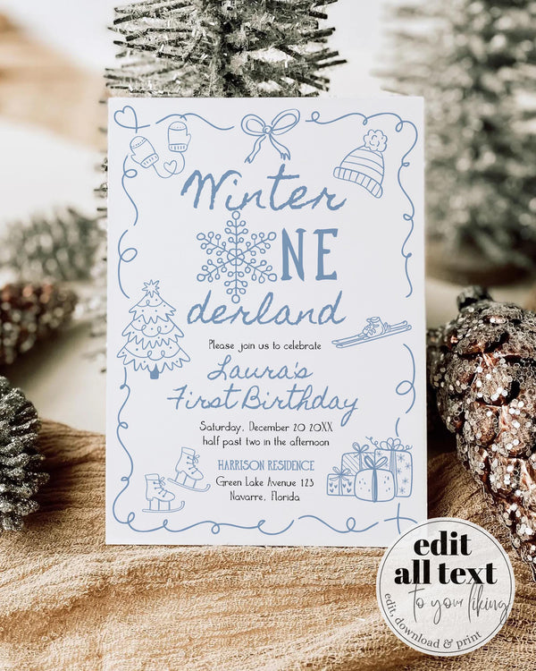 Blue Winter Onederland First Birthday Invitation Snowflake Baby Boy Template #070 - TheLovebirdsDesign