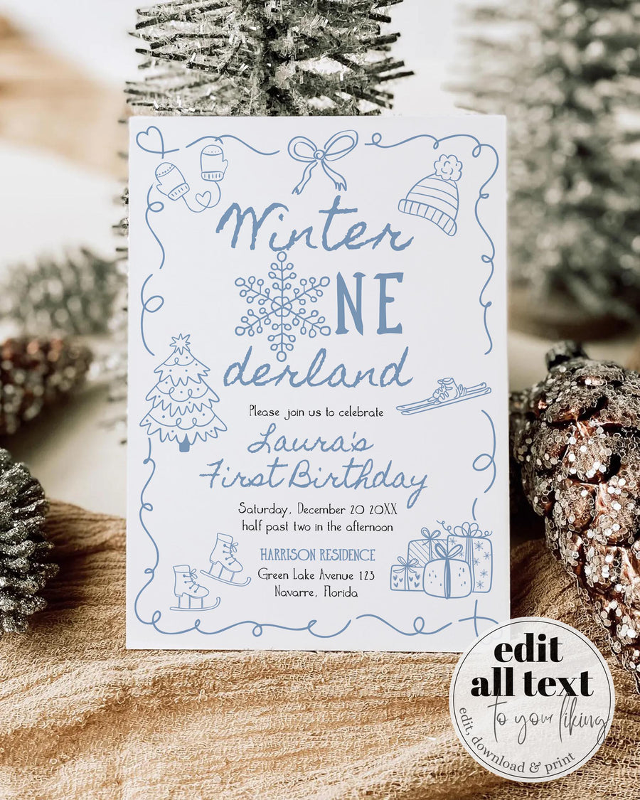Blue Winter Onederland First Birthday Invitation, Snowflake Boy Editable Template 070BL-BINV