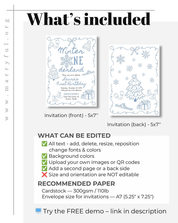 Blue Winter Onederland First Birthday Invitation Snowflake Baby Boy Template #070 - TheLovebirdsDesign