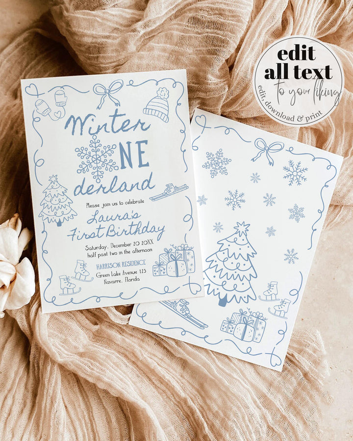 Blue Winter Onederland First Birthday Invitation Snowflake Baby Boy Template #070 - TheLovebirdsDesign