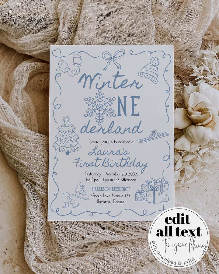 Blue Winter Onederland First Birthday Invitation Snowflake Baby Boy Template #070 - TheLovebirdsDesign