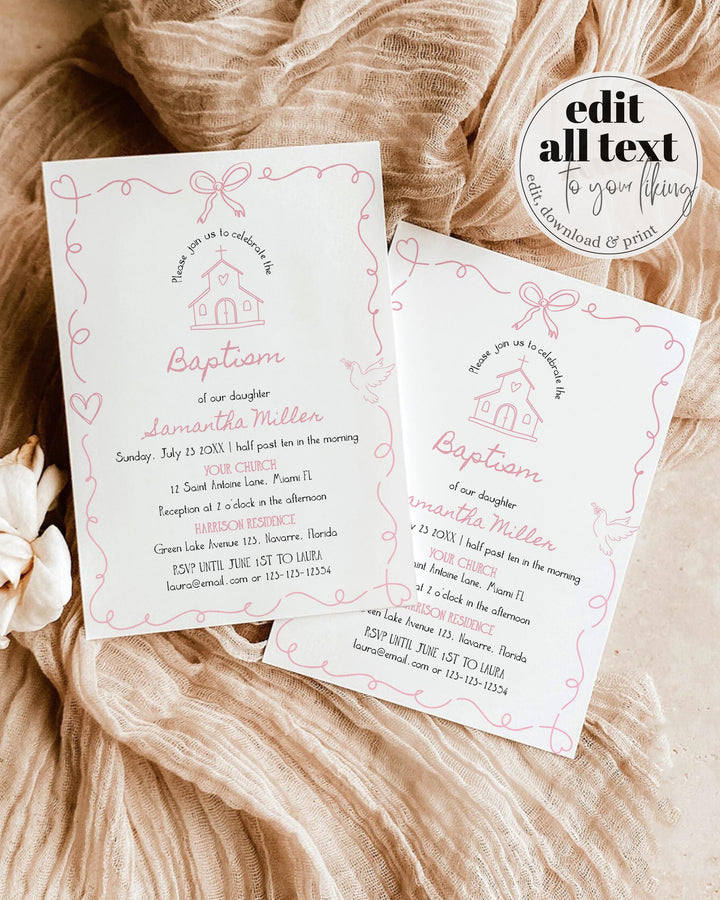 Pink Baptism Invitation Baby Girl Christening Editable Template Doodle Frame #070 - TheLovebirdsDesign