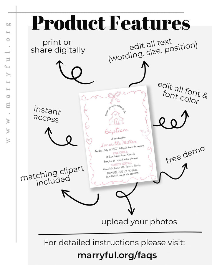 Pink Baptism Invitation Baby Girl Christening Editable Template Doodle Frame #070 - TheLovebirdsDesign