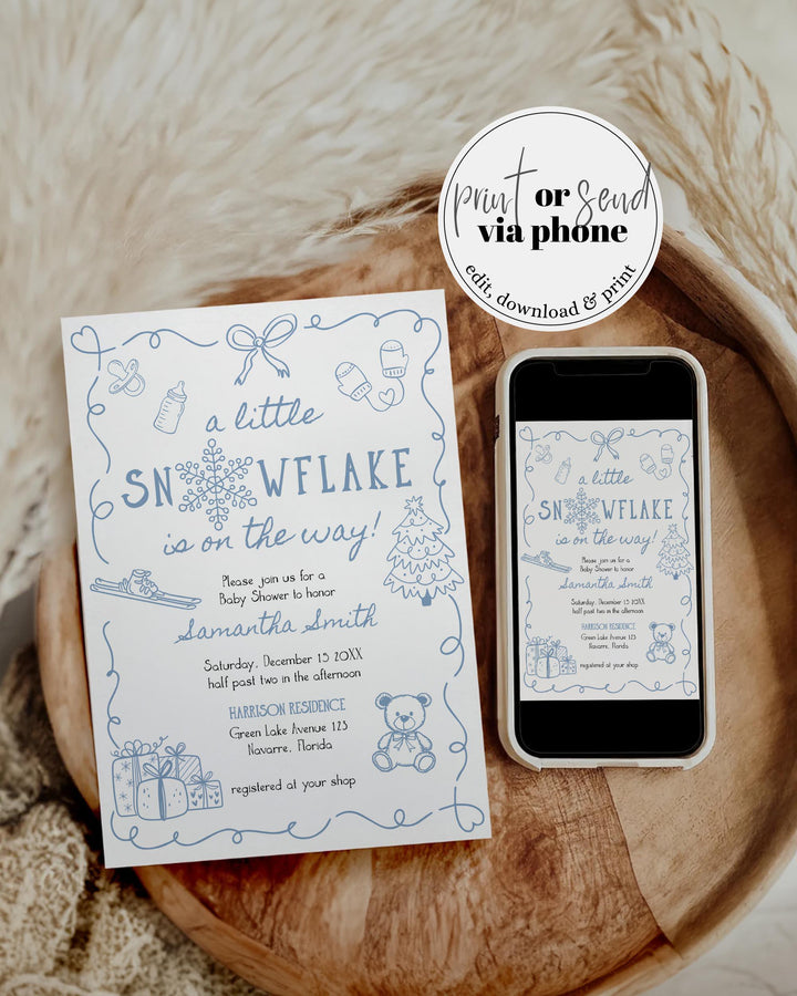Blue Winter Baby Shower Invitation Suite Snowflake Baby Boy Invite Editable Template #070 - TheLovebirdsDesign