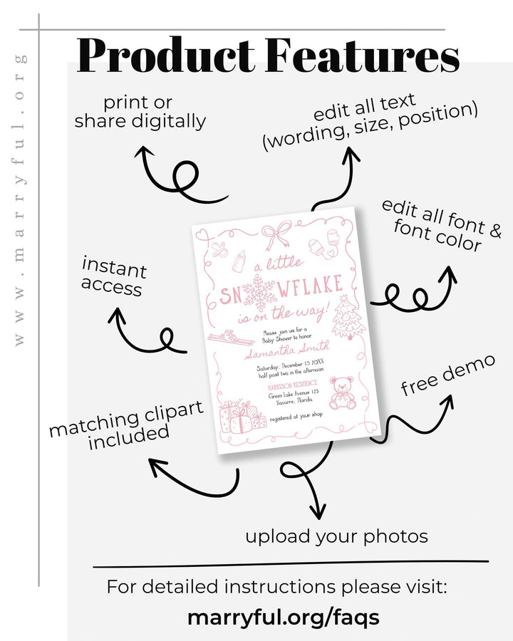 Pink Winter Baby Shower Invitation Suite Snowflake Baby Girl Invite Editable Template #070 - TheLovebirdsDesign
