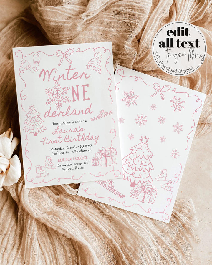 Pink Winter Onederland First Birthday Invitation Snowflake Baby Girl Template #070 - TheLovebirdsDesign