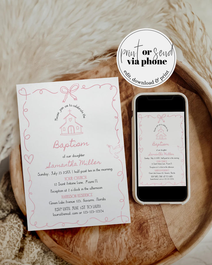 Pink Baptism Invitation Baby Girl Christening Editable Template Doodle Frame #070 - TheLovebirdsDesign