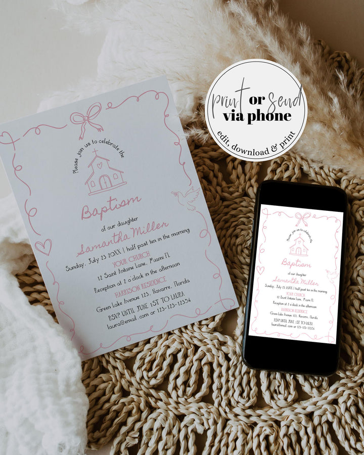 Pink Baptism Invitation Baby Girl Christening Editable Template Doodle Frame #070 - TheLovebirdsDesign