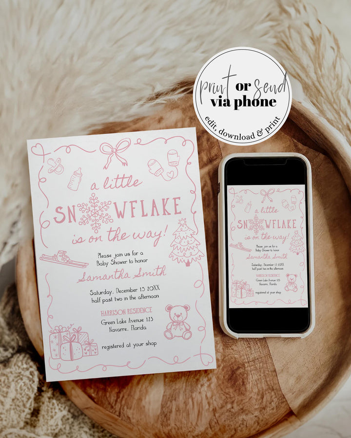 Pink Winter Baby Shower Invitation Suite Snowflake Baby Girl Invite Editable Template #070 - TheLovebirdsDesign