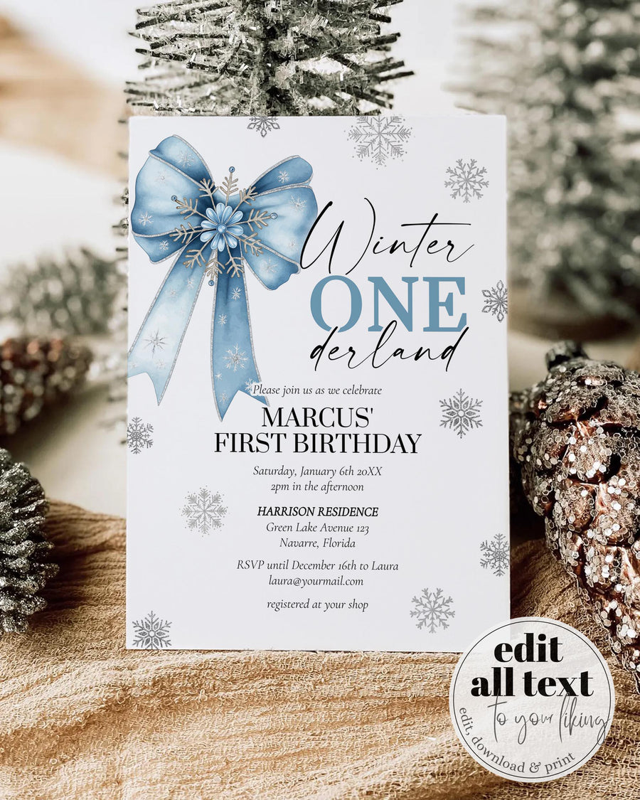 Blue Winter Onederland First Birthday Invitation Snowflake Baby Boy Template 095BL-BINV - marryful.org