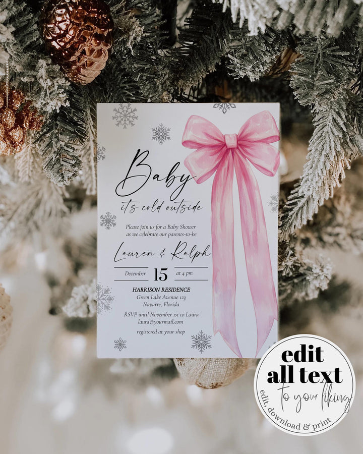 Pink Bow Snowflake Baby Shower Invitation Winter Baby Girl Editable Template #072 - TheLovebirdsDesign