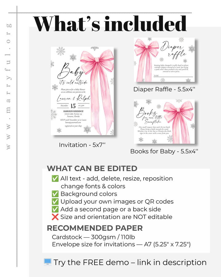 Pink Bow Snowflake Baby Shower Invitation Winter Baby Girl Editable Template #072 - TheLovebirdsDesign