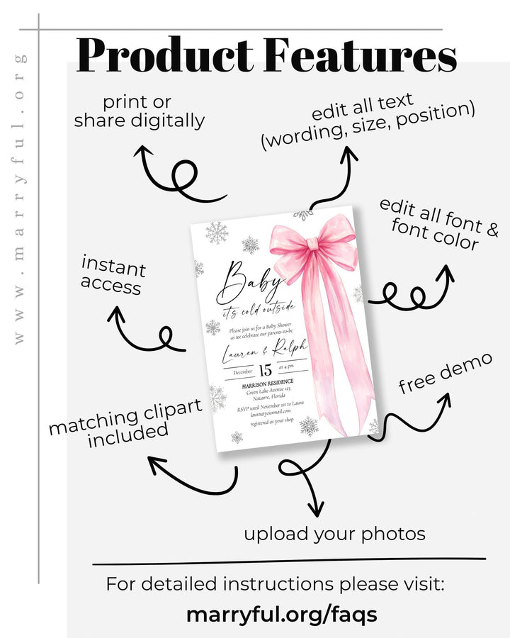 Pink Bow Snowflake Baby Shower Invitation Winter Baby Girl Editable Template #072 - TheLovebirdsDesign