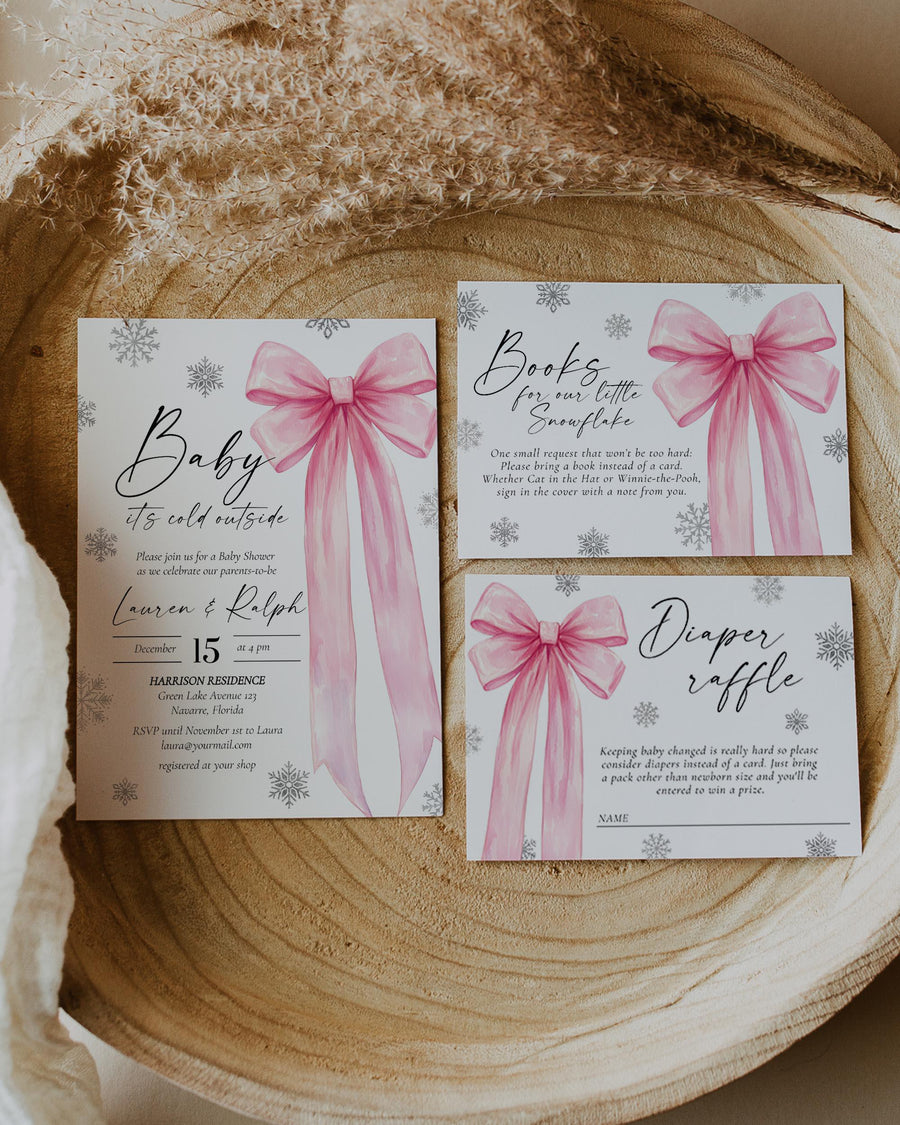 Pink Bow Winter Baby Shower Invitation, Baby Its Cold Outside Snowflake Girl Template 095PI-BSINV2