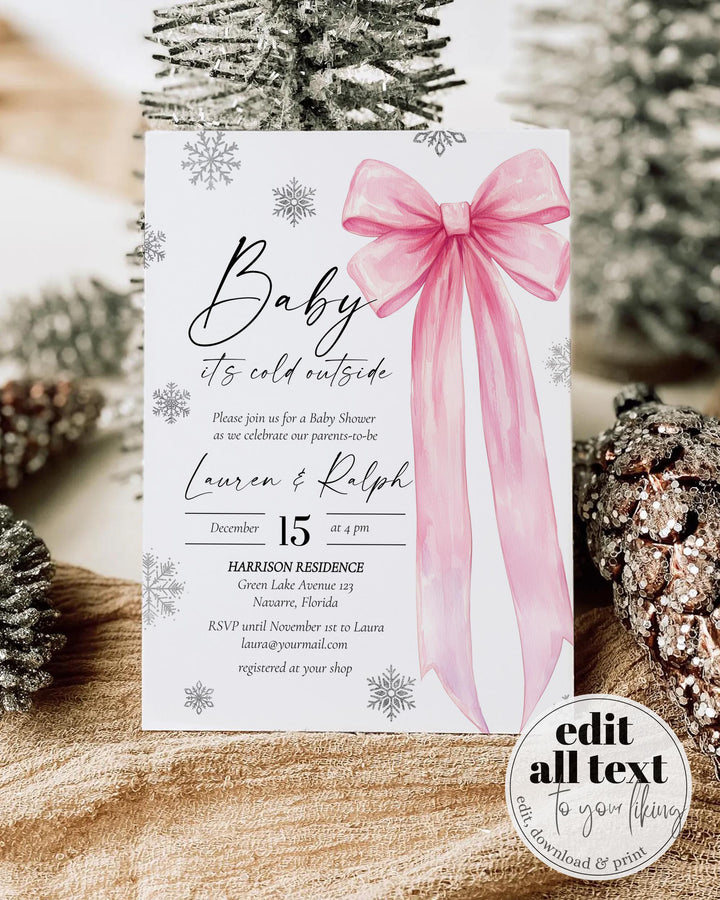 Pink Bow Snowflake Baby Shower Invitation Winter Baby Girl Editable Template #072 - TheLovebirdsDesign