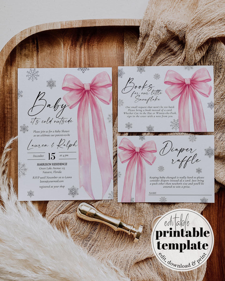 Pink Bow Snowflake Baby Shower Invitation Winter Baby Girl Editable Template #072 - TheLovebirdsDesign