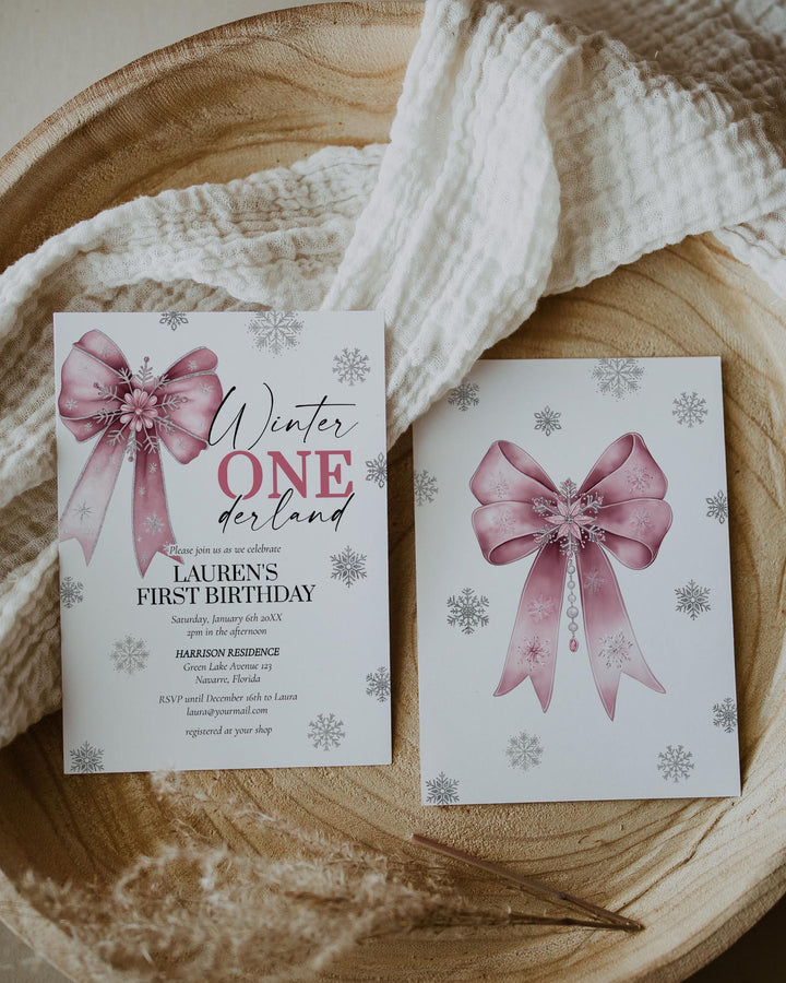 Pink Winter Onederland First Birthday Invitation Snowflake Baby Girl Template #072 - TheLovebirdsDesign