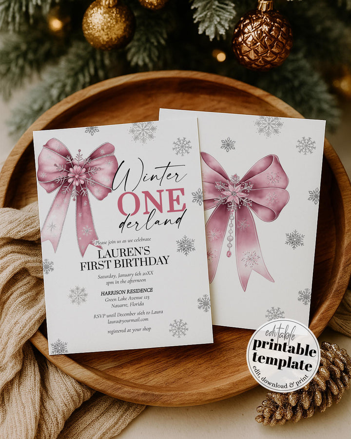 Pink Winter Onederland First Birthday Invitation Snowflake Baby Girl Template #072 - TheLovebirdsDesign