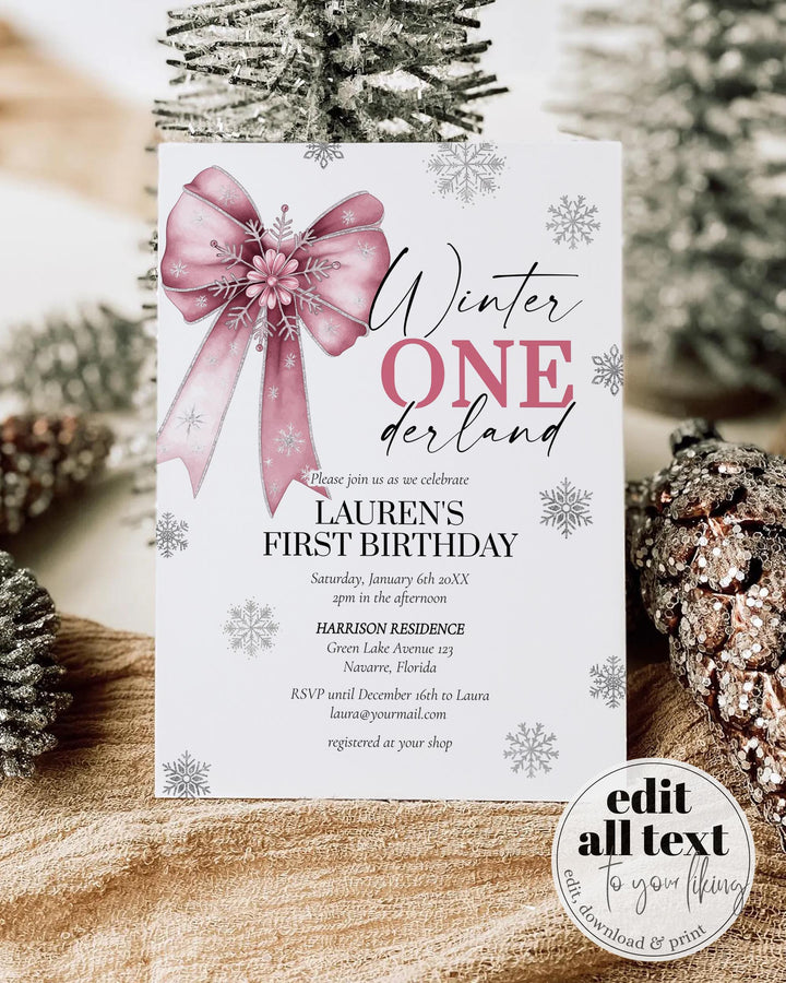 Pink Winter Onederland First Birthday Invitation Snowflake Baby Girl Template #072 - TheLovebirdsDesign