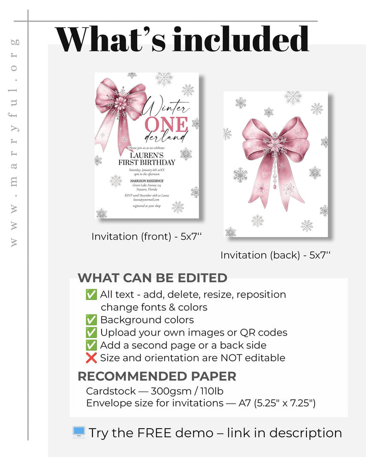Pink Winter Onederland First Birthday Invitation Snowflake Baby Girl Template #072 - TheLovebirdsDesign