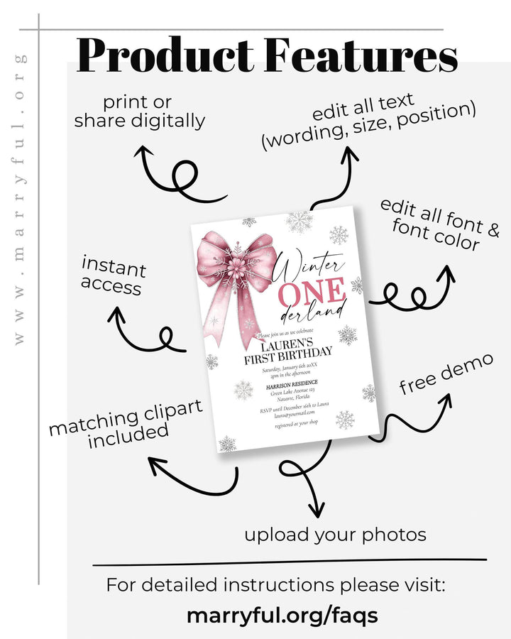 Pink Winter Onederland First Birthday Invitation Snowflake Baby Girl Template #072 - TheLovebirdsDesign