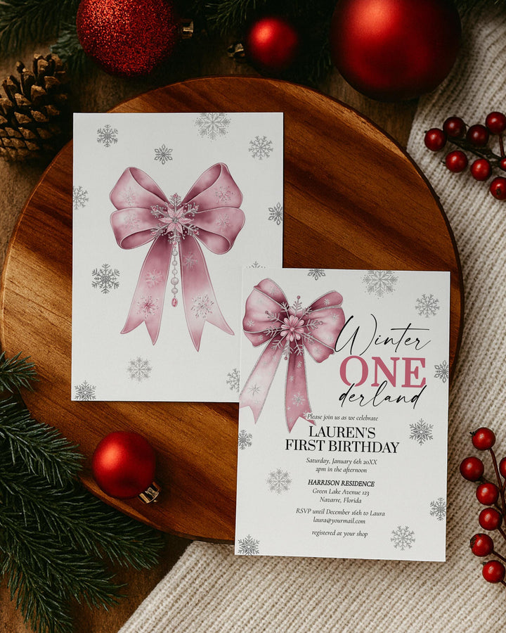 Pink Winter Onederland First Birthday Invitation Snowflake Baby Girl Template #072 - TheLovebirdsDesign