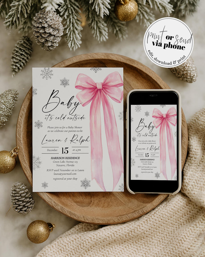 Pink Bow Snowflake Baby Shower Invitation Winter Baby Girl Editable Template #072 - TheLovebirdsDesign