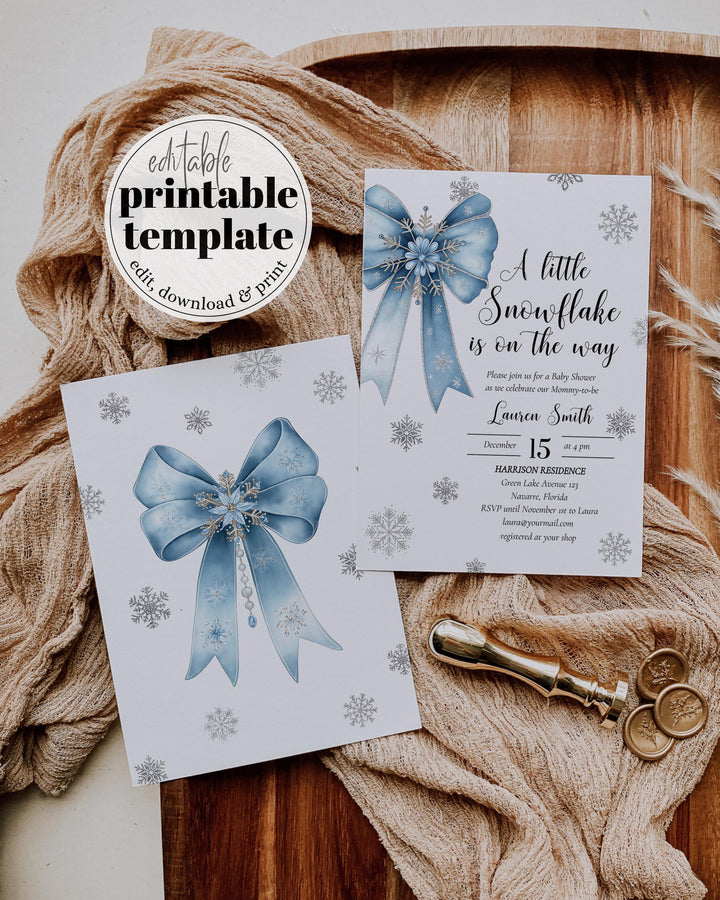 Blue Snowflake Baby Shower Invitation Suite A Little Snowflake Is On The Way Boy Template #072 - TheLovebirdsDesign