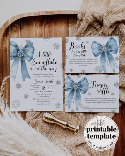Blue Snowflake Baby Shower Invitation Suite A Little Snowflake Is On The Way Boy Template #072 - TheLovebirdsDesign