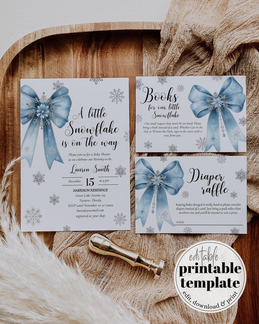 Blue Snowflake Baby Shower Invitation Suite A Little Snowflake Is On The Way Boy Template #072 - marryful.org