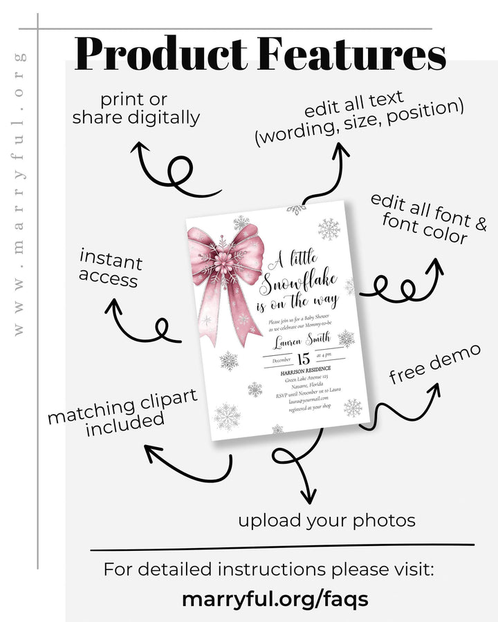 Pink Snowflake Baby Shower Invitation Suite A Little Snowflake Is On The Way Girl Template #072 - TheLovebirdsDesign