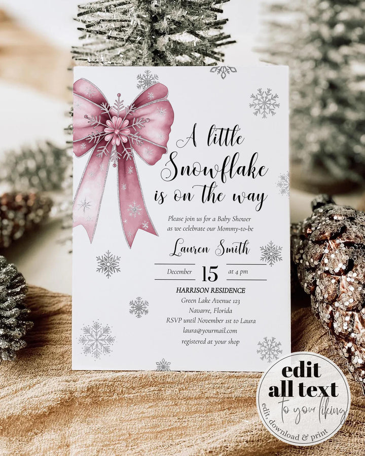 Pink Snowflake Baby Shower Invitation Suite A Little Snowflake Is On The Way Girl Template #072 - TheLovebirdsDesign