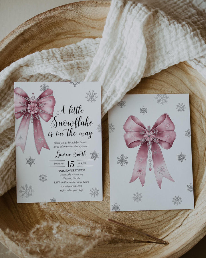 Pink Snowflake Baby Shower Invitation Suite A Little Snowflake Is On The Way Girl Template #072 - TheLovebirdsDesign