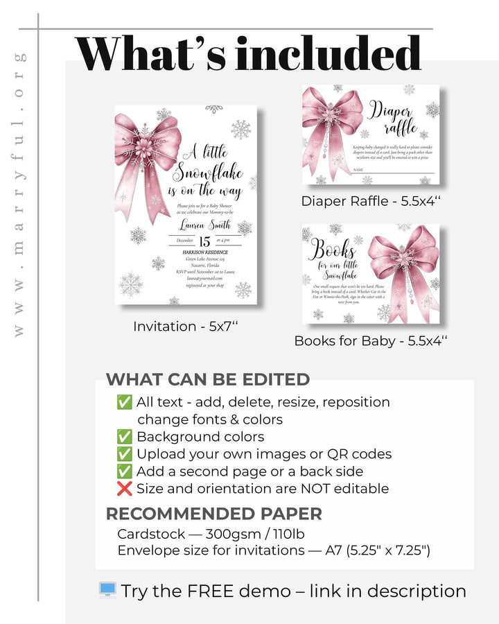 Pink Snowflake Baby Shower Invitation Suite A Little Snowflake Is On The Way Girl Template #072 - TheLovebirdsDesign