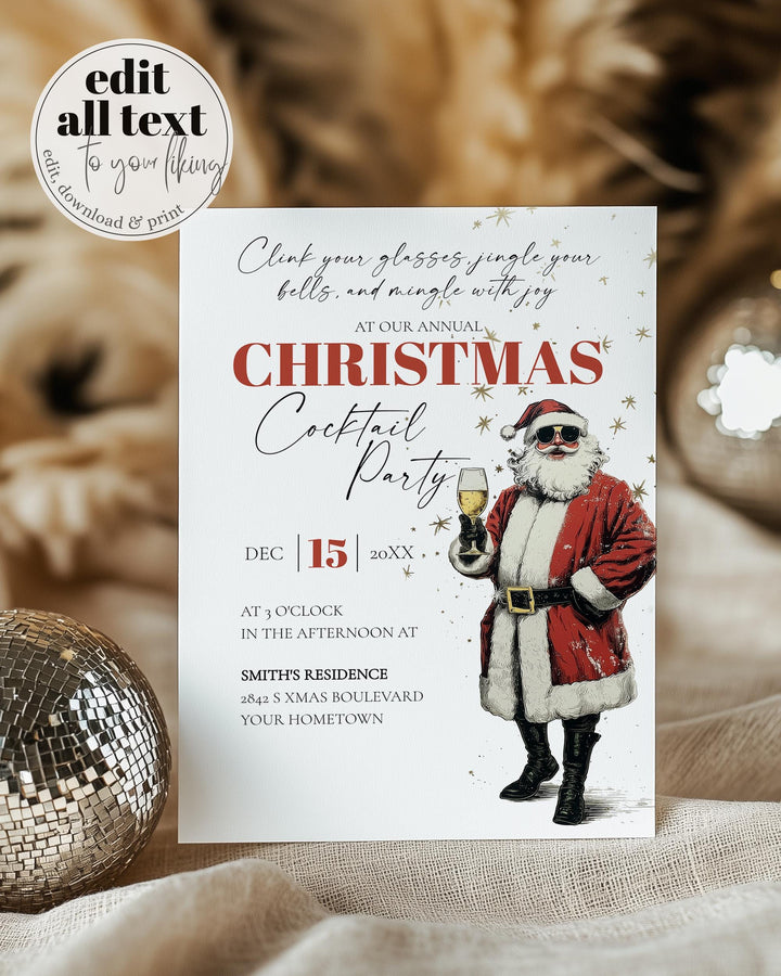 Retro Santa Christmas Party Invitation Editable Holiday Cocktail Celebration Champagne Template #072 - TheLovebirdsDesign