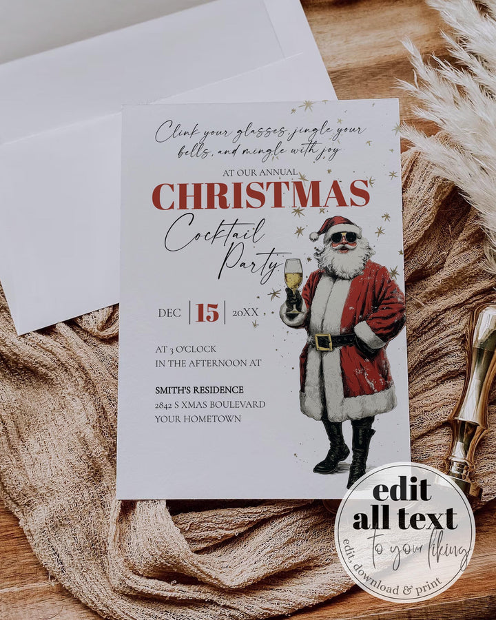 Retro Santa Christmas Party Invitation Editable Holiday Cocktail Celebration Champagne Template #072 - TheLovebirdsDesign