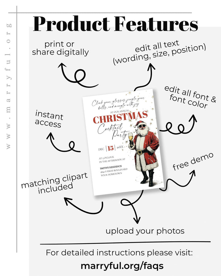 Retro Santa Christmas Party Invitation Editable Holiday Cocktail Celebration Champagne Template #072 - TheLovebirdsDesign
