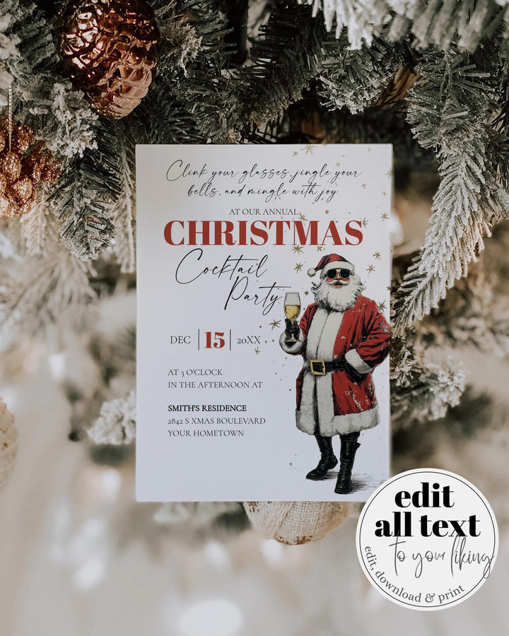 Retro Santa Christmas Party Invitation Editable Holiday Cocktail Celebration Champagne Template #072 - TheLovebirdsDesign