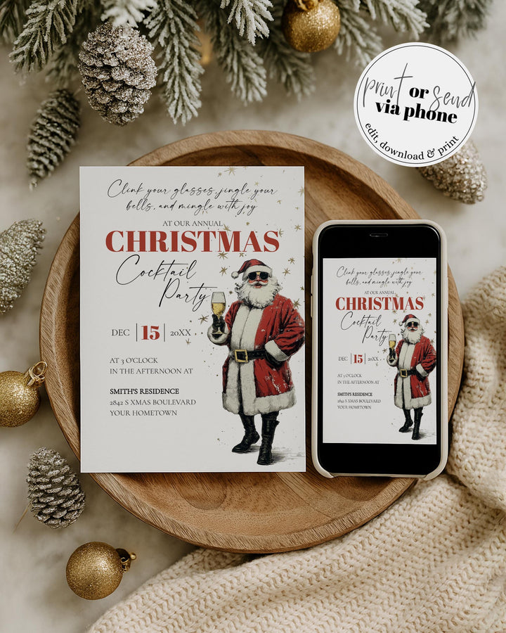 Retro Santa Christmas Party Invitation Editable Holiday Cocktail Celebration Champagne Template #072 - TheLovebirdsDesign