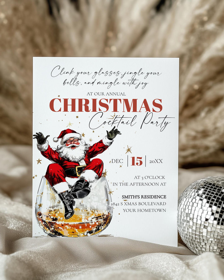 Retro Santa Bourbon Christmas Party Invitation Editable Holiday Cocktail Celebration Template #072 - TheLovebirdsDesign
