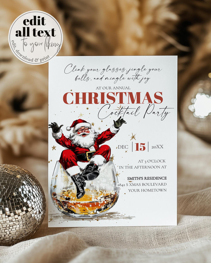 Retro Santa Bourbon Christmas Party Invitation Editable Holiday Cocktail Celebration Template #072 - TheLovebirdsDesign