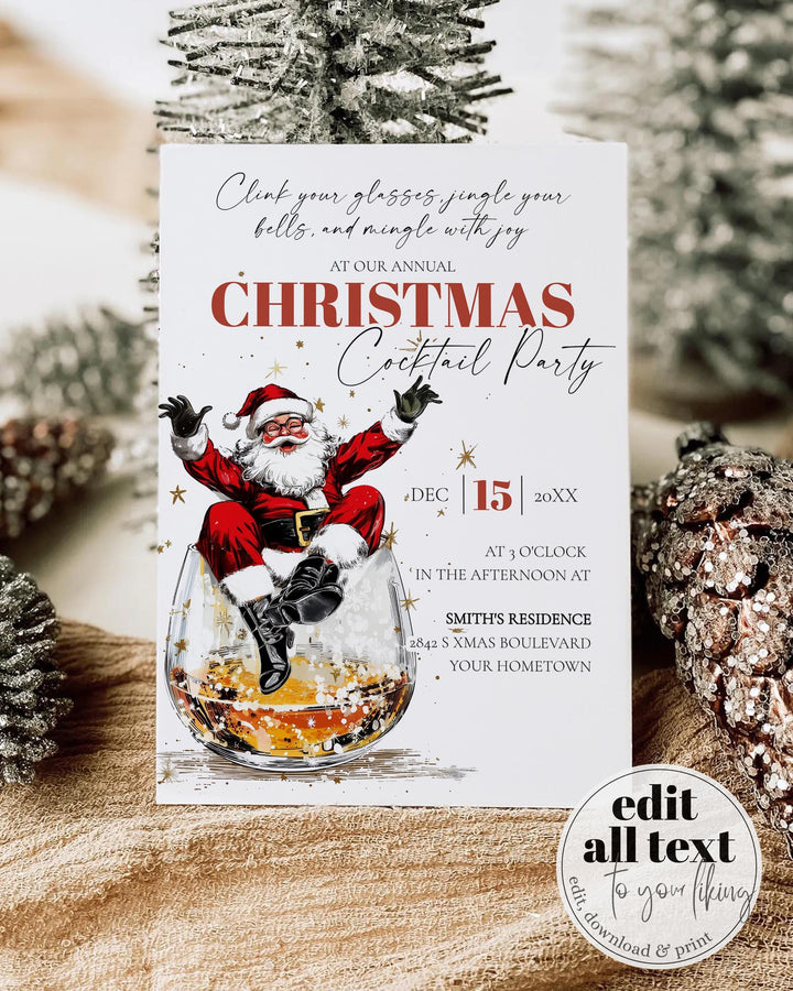 Retro Santa Bourbon Christmas Party Invitation Editable Holiday Cocktail Celebration Template #072 - TheLovebirdsDesign