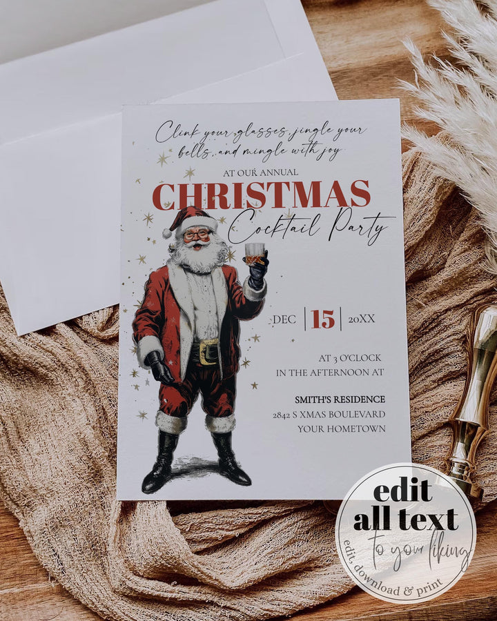 Santa Martini Christmas Party Invitation Editable Holiday Cocktail Celebration Jingle And Mingle Template #072 - TheLovebirdsDesign