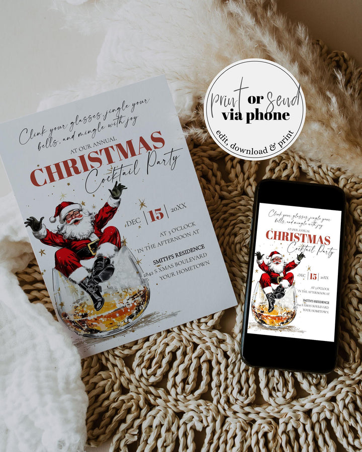 Retro Santa Bourbon Christmas Party Invitation Editable Holiday Cocktail Celebration Template #072 - TheLovebirdsDesign