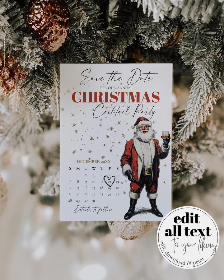 Santa Martini Save The Date Calendar Editable Christmas Cocktail Party Template Jingle And Mingle #072 - TheLovebirdsDesign