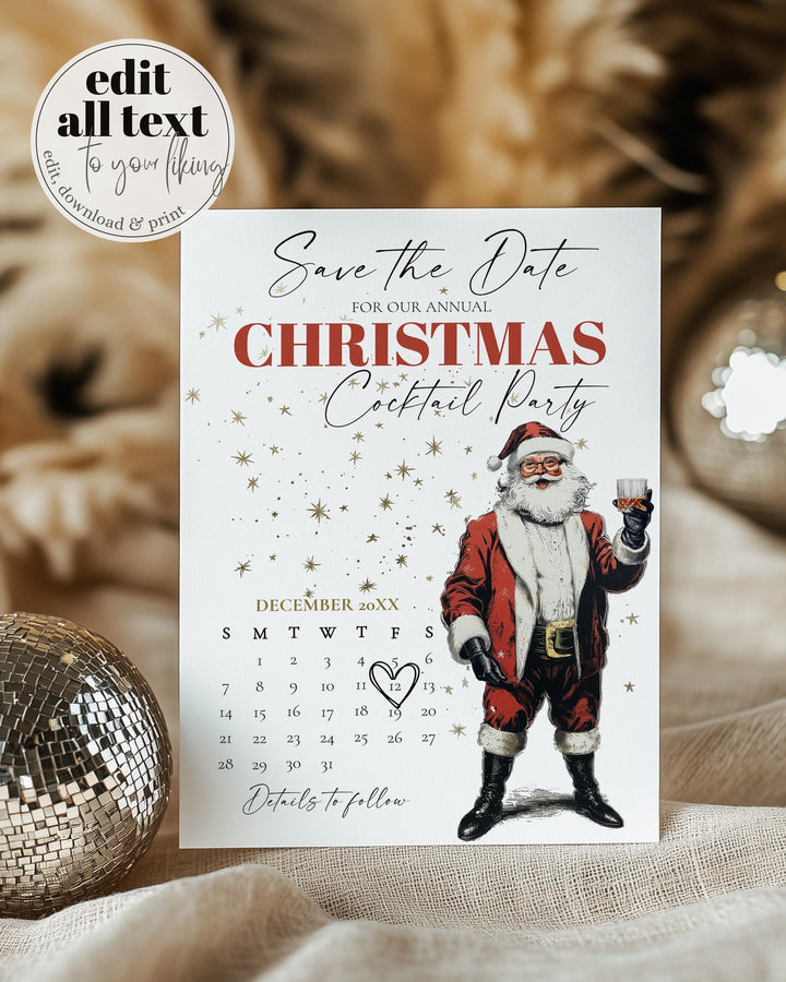 Santa Martini Save The Date Calendar Editable Christmas Cocktail Party Template Jingle And Mingle #072 - TheLovebirdsDesign