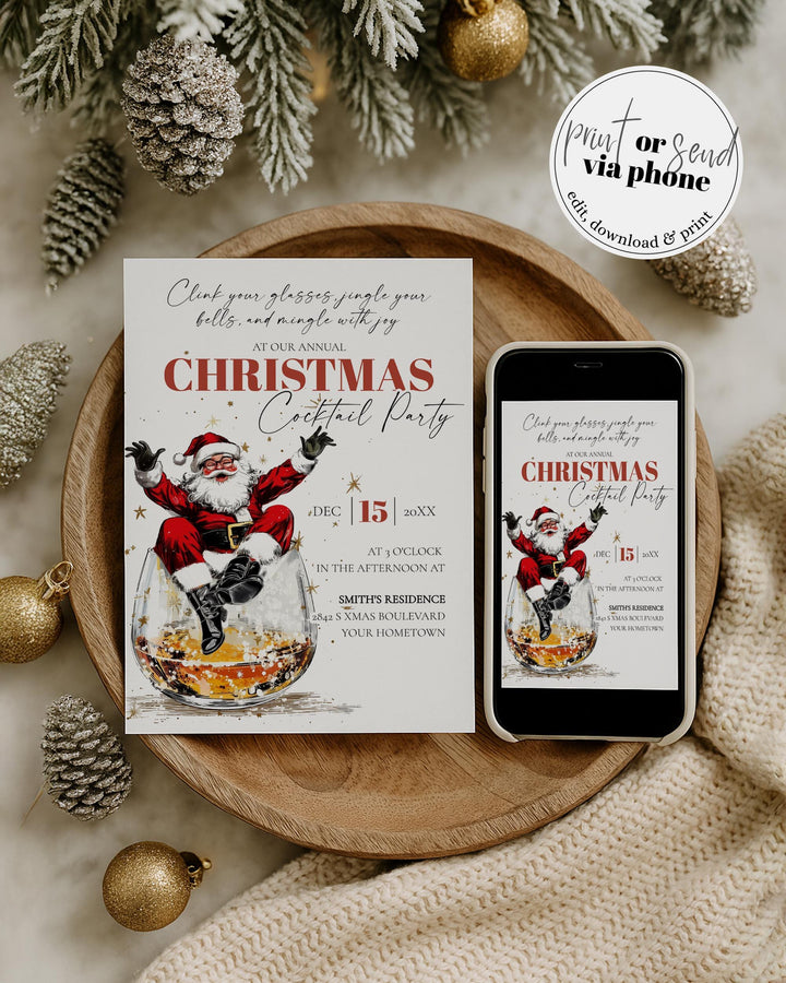 Retro Santa Bourbon Christmas Party Invitation Editable Holiday Cocktail Celebration Template #072 - TheLovebirdsDesign