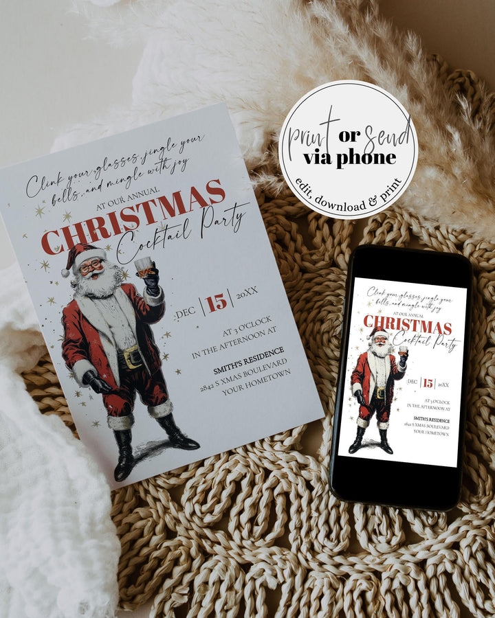 Santa Martini Christmas Party Invitation Editable Holiday Cocktail Celebration Jingle And Mingle Template #072 - TheLovebirdsDesign