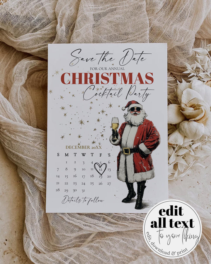 Retro Santa Save The Date Calendar Editable Christmas Party Invitation Champagne Holiday Template #072 - TheLovebirdsDesign