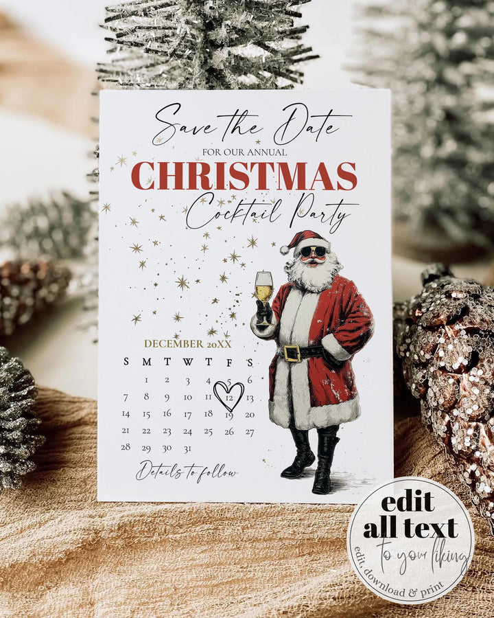 Retro Santa Save The Date Calendar Editable Christmas Party Invitation Champagne Holiday Template #072 - TheLovebirdsDesign